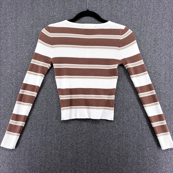 Vtg Y2k 90s Womens Striped Long Sleeve Henley Button Up Knit Top Milk Mesh Small - Picture 9 of 10